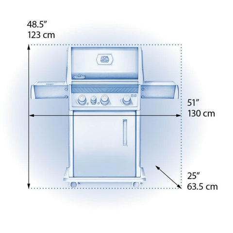 Technical drawing of Napoleon Grills Rogue® XT 425 SIB 4-Burner Grill with Infrared Side Burner in stainless steel showing the dimensions: width 48.5 inches (123 cm), height with lid closed 51 inches (130 cm), and depth 25 inches (63.5 cm).