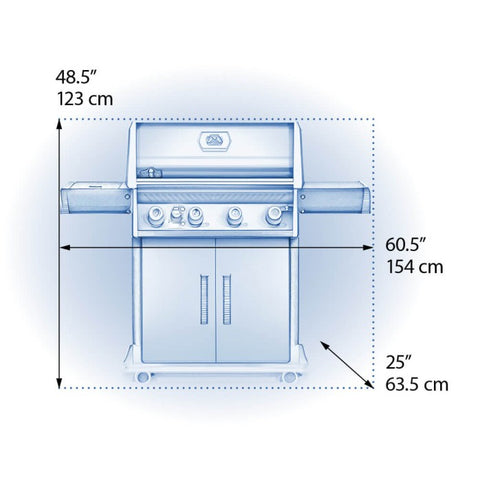 Blueprint-style dimensional drawing of the Napoleon Grills Rogue XT 525 SIB, showing the height, width, and depth