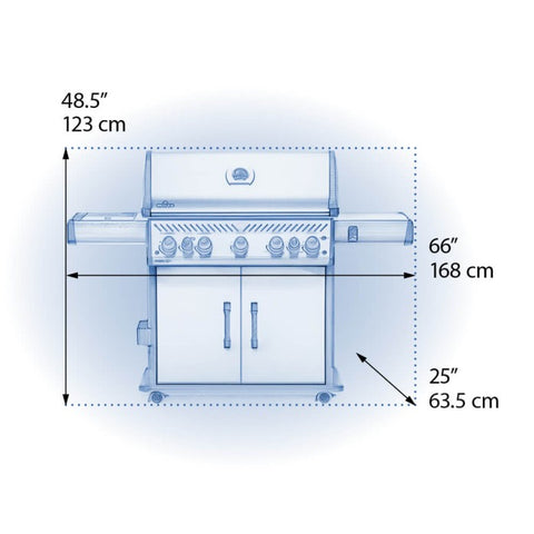 A technical dimensional diagram of the Napoleon Grills Rogue SE 625 RSIB Grill, detailing the height, width, and depth in both inches and centimeters.