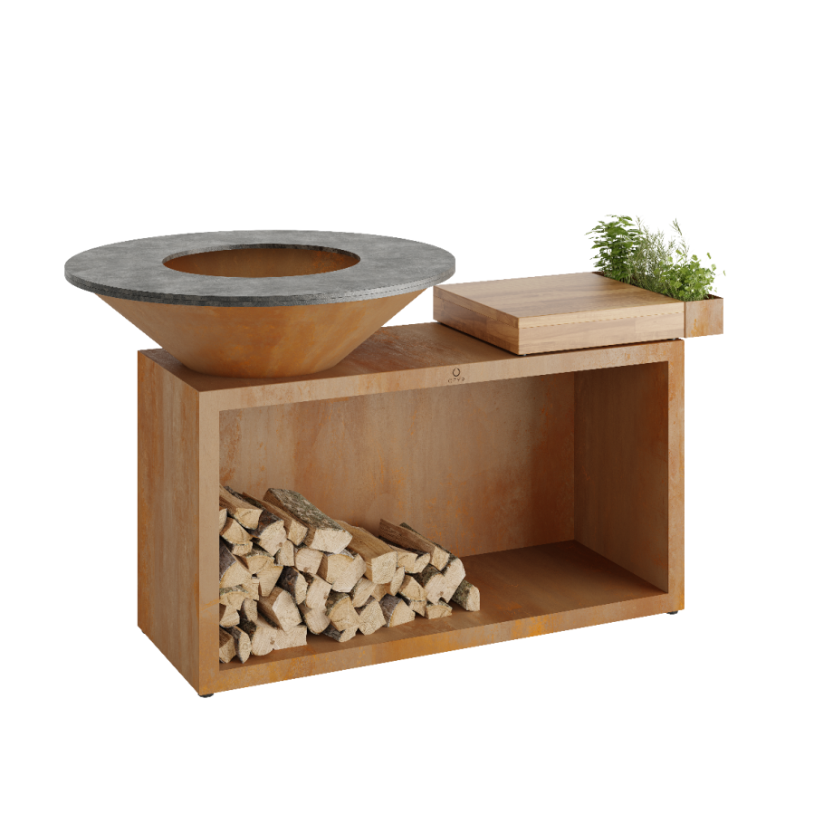 This OFYR Island Corten 100 Teak Wood is a stylish and functional cooking unit, featuring a corten steel base, teak wood accessories, and ample storage for firewood.