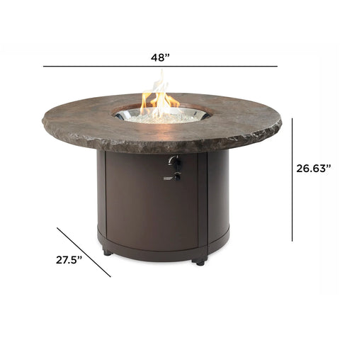 Dimensional display of Outdoor Greatroom Co Beacon Round Gas Fire Pit Table, Marbleized Noche, SKU BC-20-MNB showing height and diameter.