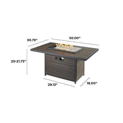 Dimensional diagram of the Outdoor Greatroom Co Brooks Rectangular Gas Fire Pit Table, providing clear measurements for space planning, SKU BRK-1224-19-K.