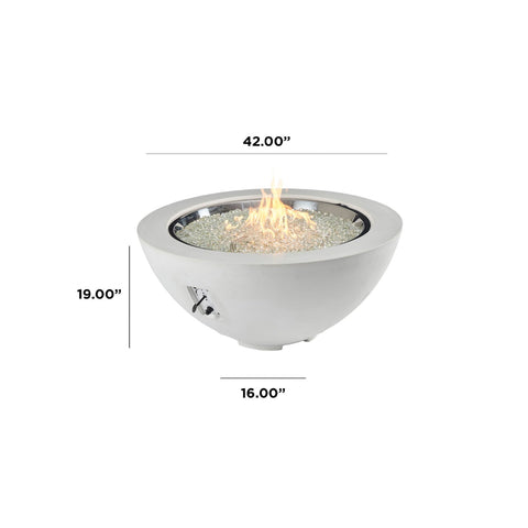White round gas fire pit bowl with flame, displaying dimensions 42.00" width, 19.00" height, and 16.00" base.