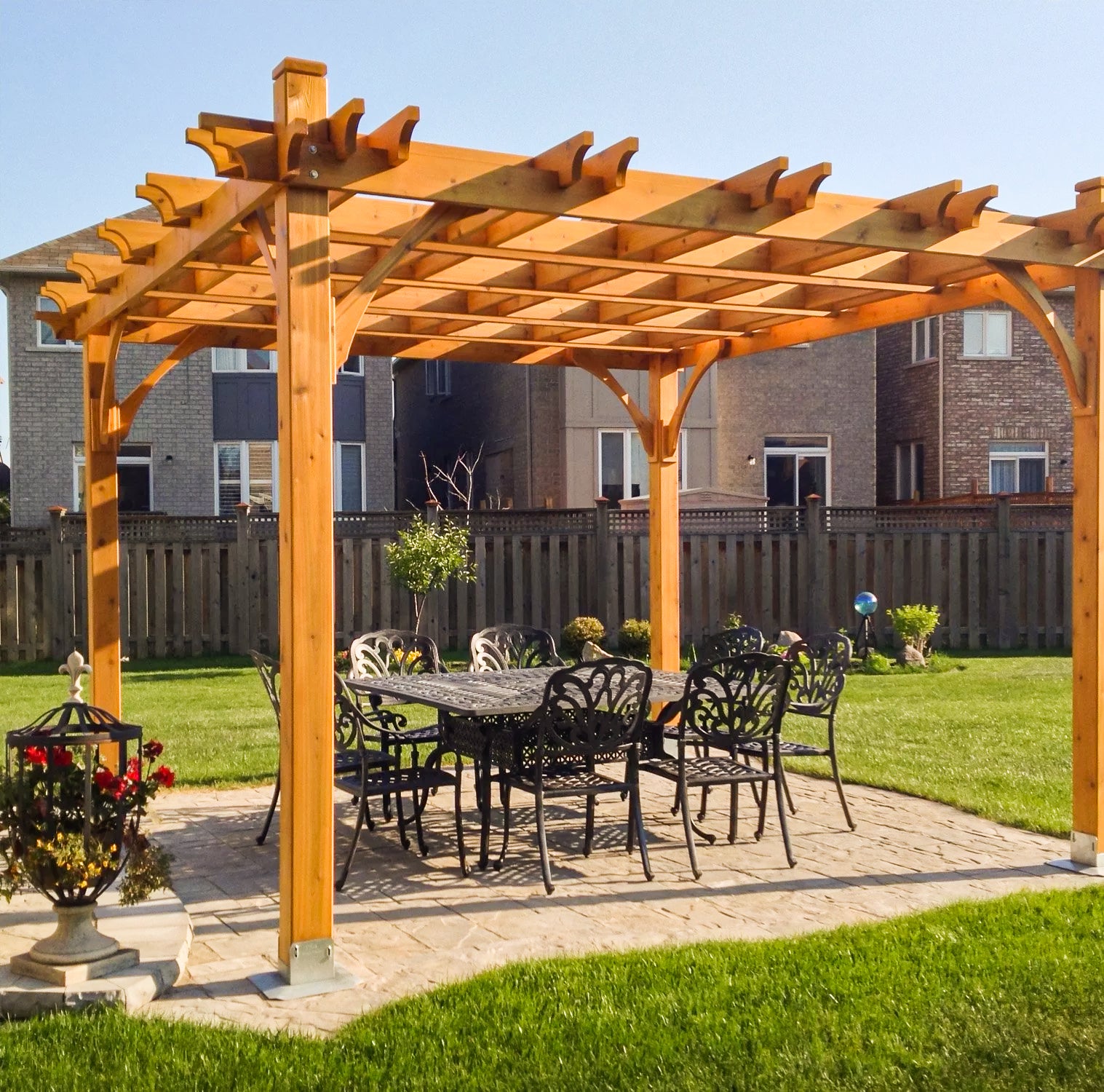 Outdoor Living Today Cedar Pergola with outdoor furniture on a paver