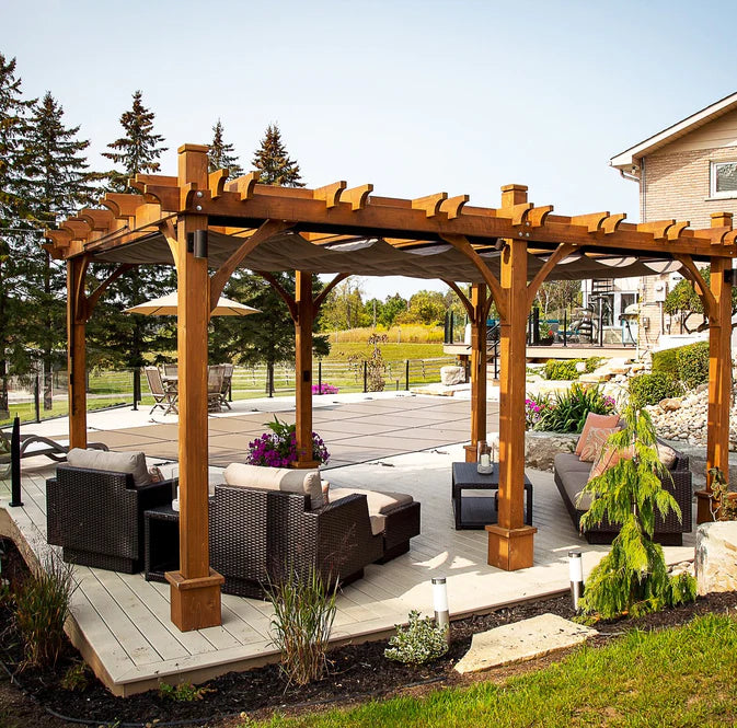 Outdoor Living Today Pergola with Retractable Canopy and outdoor furniture on a deck