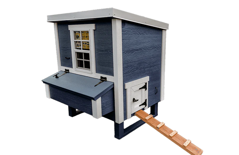 Front angle view of the blue and white Coastal Model OverEZ Medium Chicken Coop, designed for easy accessibility and to house up to 10 chickens comfortably.
