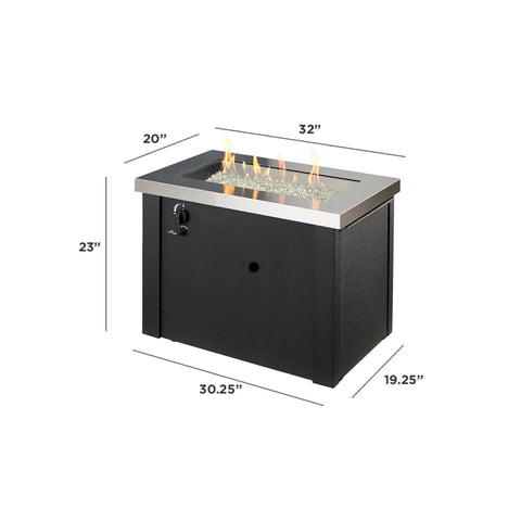 A diagram showing the dimensions of the Fire Pit Table, with measurements for height, diameter, and depth.