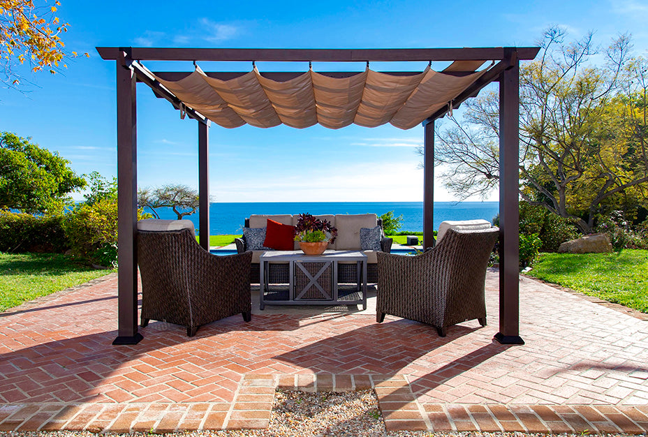 Paragon Outdoor Florence Aluminum Pergola with canopy and outdoor seating