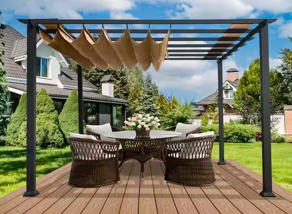 Paragon Outdoor Florence Aluminum Pergola with outdoor seating on a deck