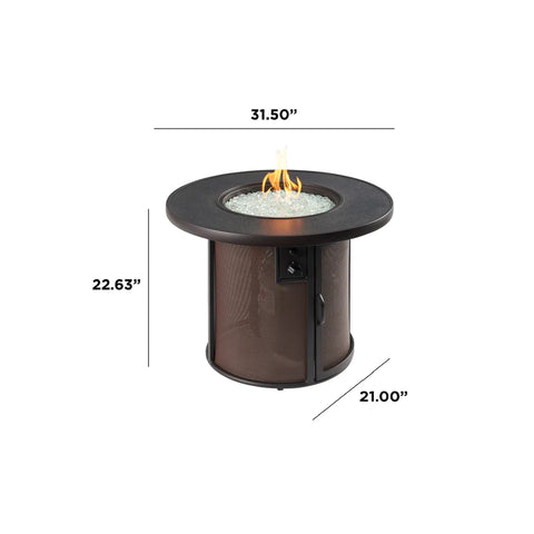 A diagram showing the dimensions of the Fire Pit Table, with measurements for height, diameter, and depth.