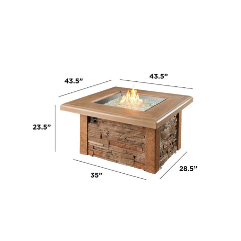 A diagram showing the dimensions of the Fire Pit Table, with measurements for height, diameter, and depth.