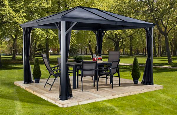 Sojag Gazebo with outdoor dining set on a deck