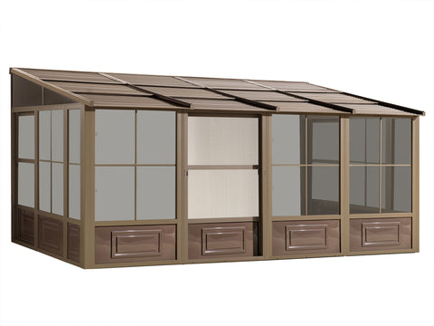 Florence Wall mounted Solarium Full view of 10x16 Gazebo with sand metal roof, displaying the entire structure set against a plain background.