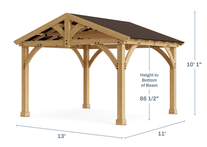 Dimensions of the Yardistry Carolina Cedar 11 x 13 Pavilion with Aluminum Roof.