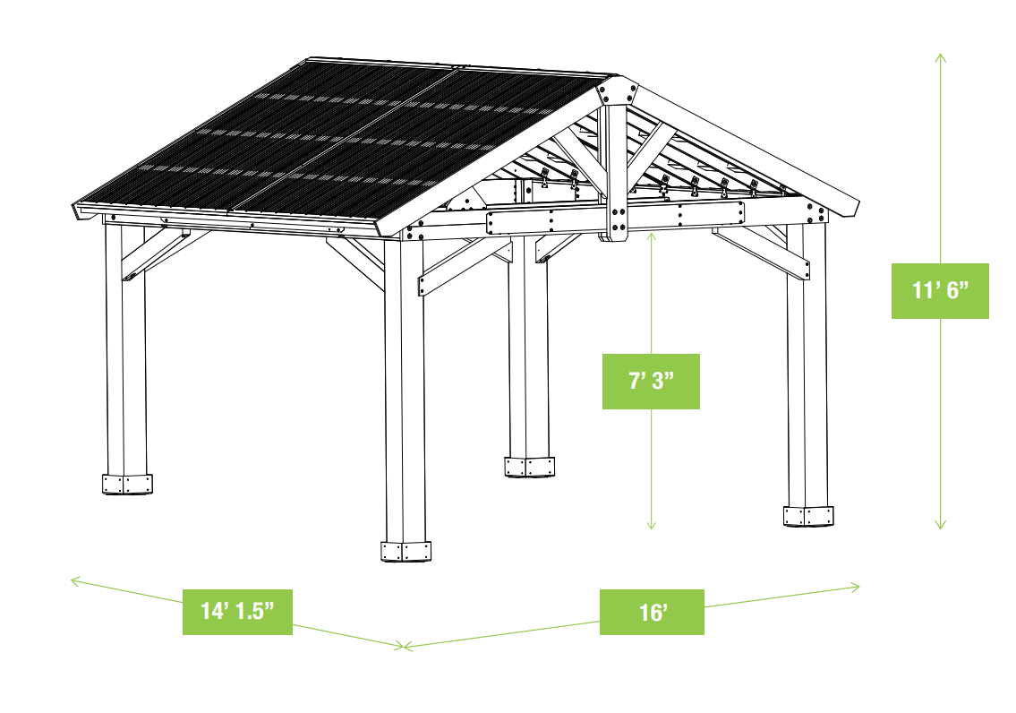 Dimensions of the Yardistry 16x14 ft Timber Frame Pavilion with Aluminum Roof.