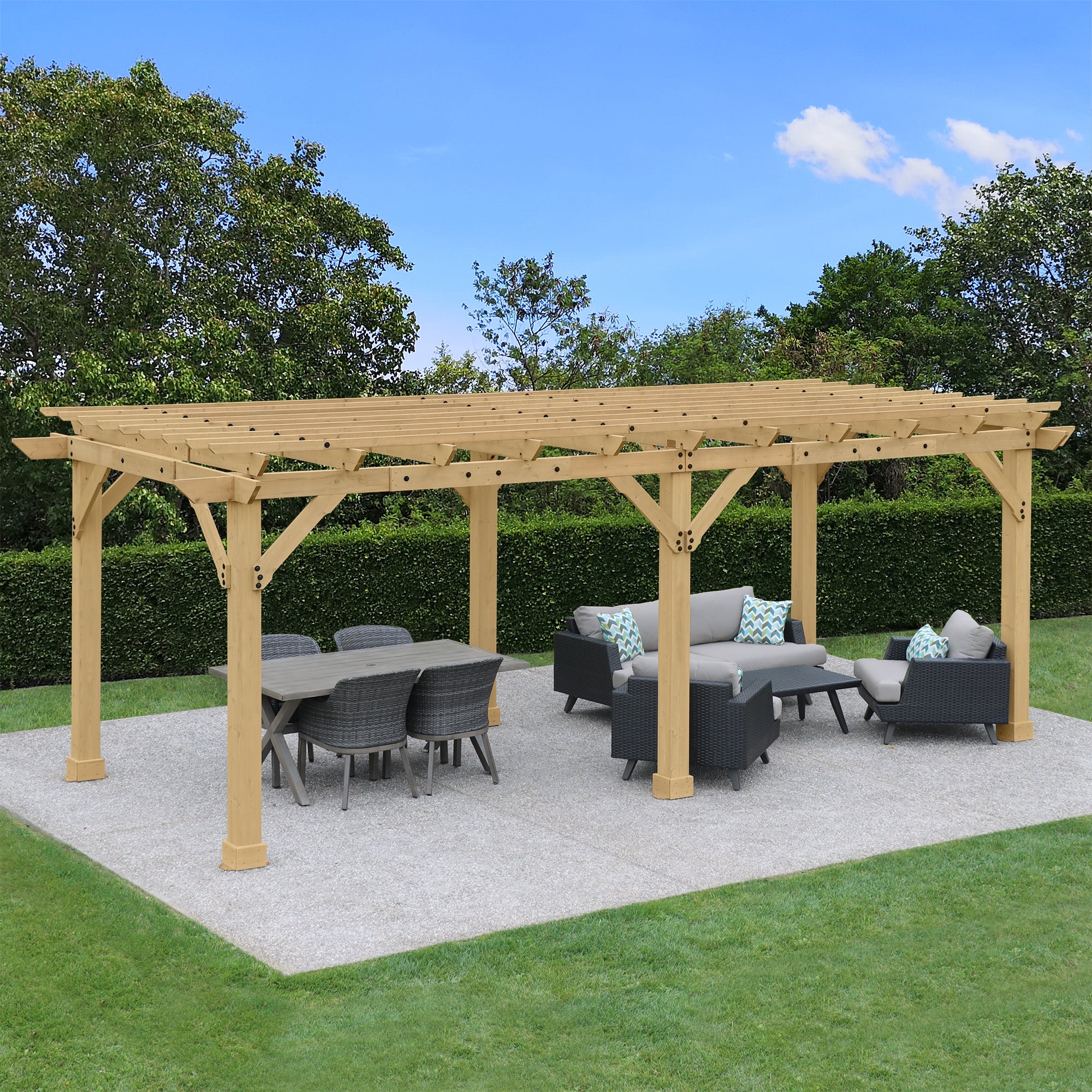 View from the top of the 10x22 Meridian Cedar Pergola with furniture under.