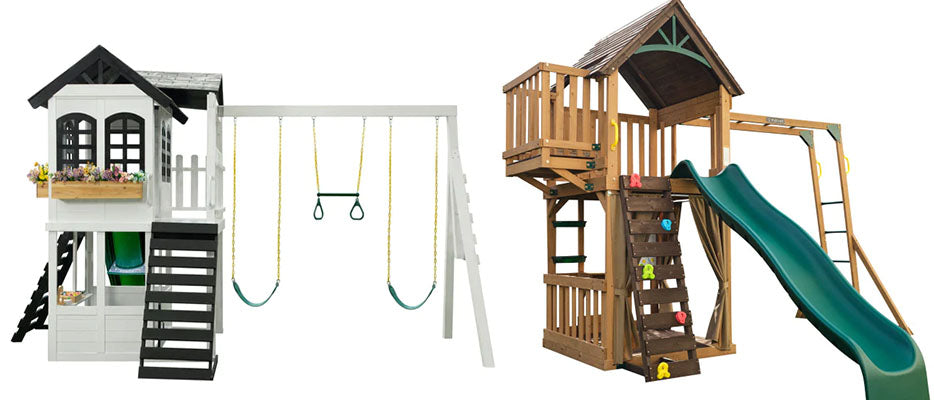 a side by side image of 2MamaBees Reign Two Story Playhouse and Kidkraft Hangout Hideaway Clubhouse