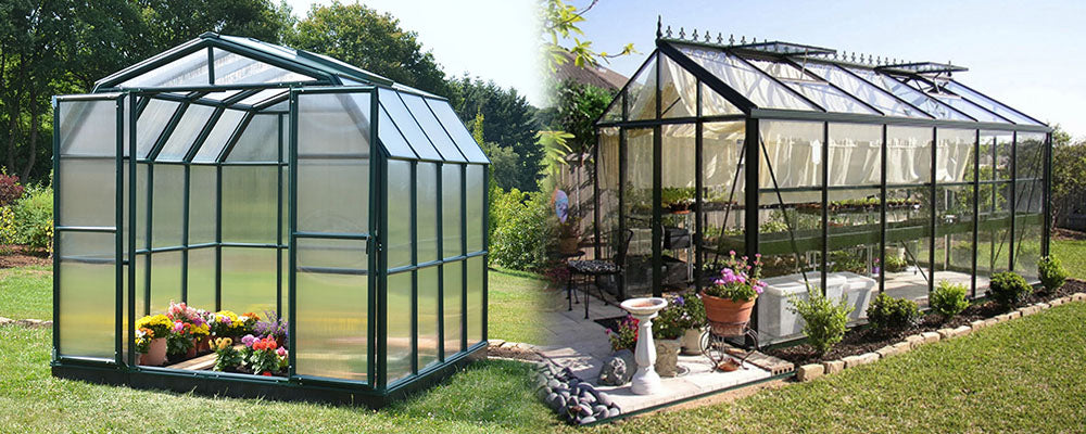 a side by side image of Canopia Grand Gardener Greenhouse and Exaco Greenhouse both in a garden space with green grass and trees
