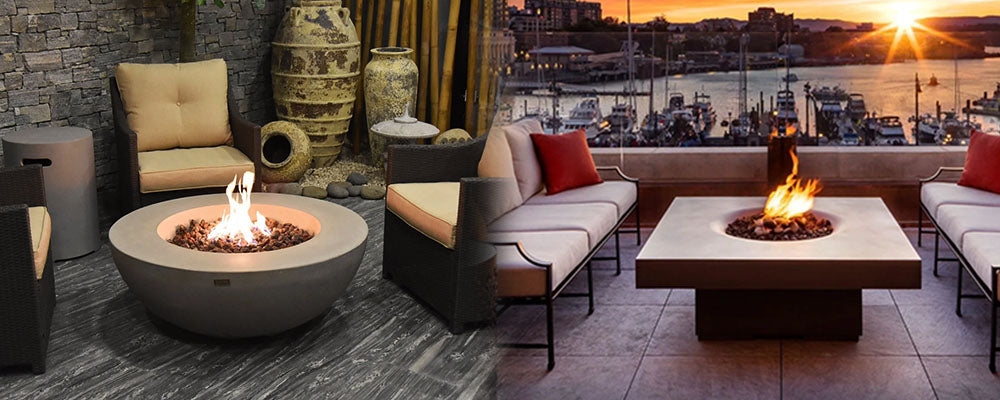 a side by side image of Elementi Lunar Bowl Fire Table and Solus Decor Halo Elevated Fire Pit