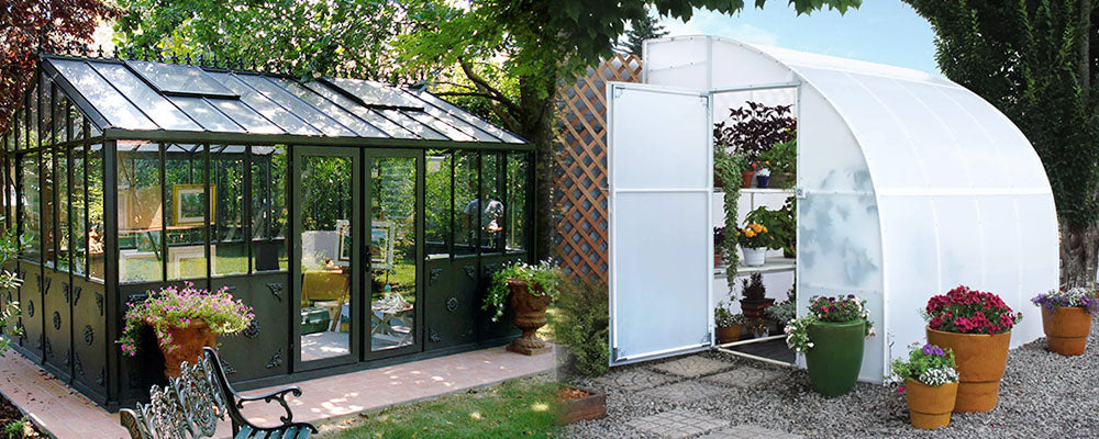 a side by side image of Exaco Janssens Retro Royal Victorian VI and Solexx Harvester Greenhouses in a garden setting surrounded by plants