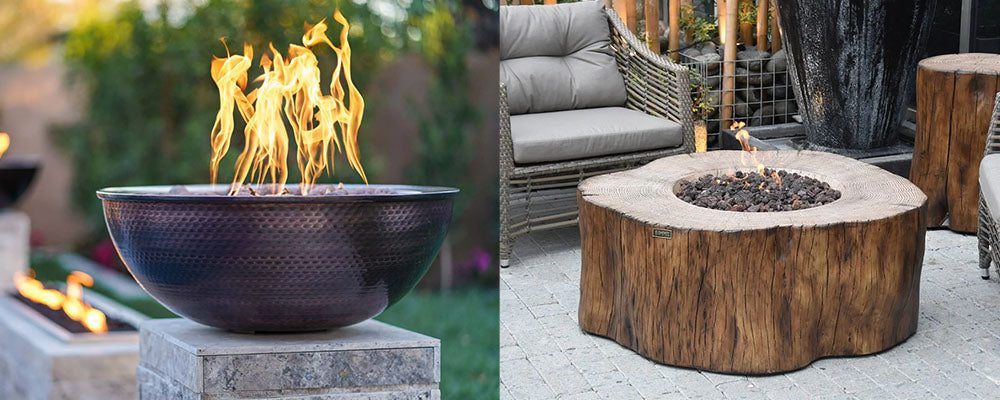 a side by side image of The Outdoor Plus 27 Round Sedona Hammered Copper Fire Bowl and Elementi Manchester Fire Table