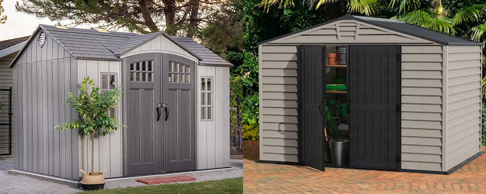 a side by side image of a lifetime shed on the left and a duramax shed on the right