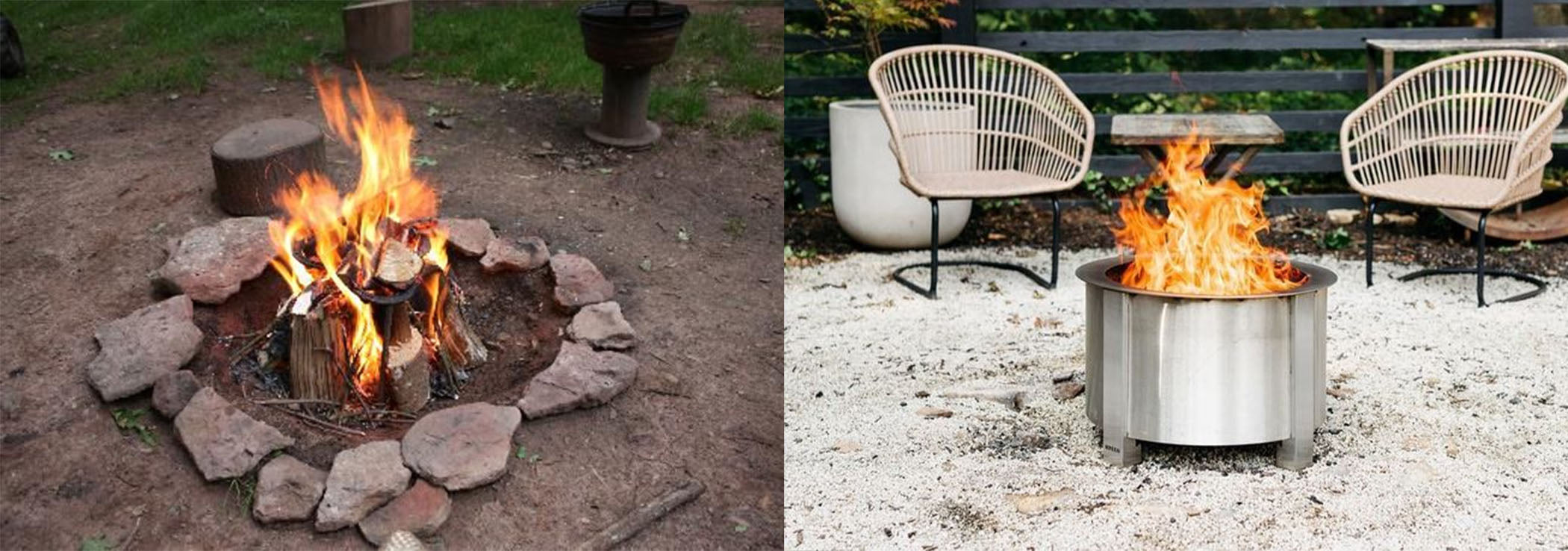 a side by side image of a traditional fire pit and a smokeless fire pit