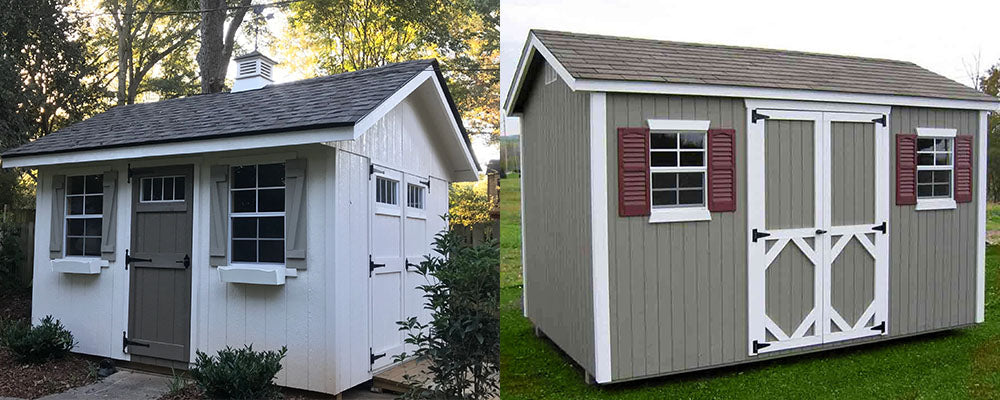 a side by side image of little cottage co and ez-fit sheds