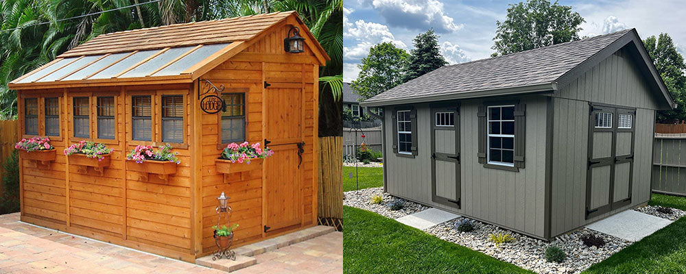 a side by side image of outdoor living today sunshed and ez-fit shed riverside shed kit