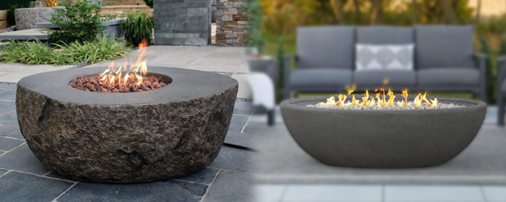 a side by side image of the Elementi Boulder Fire Table and Real Flame Riverside Fire Pit Bowl