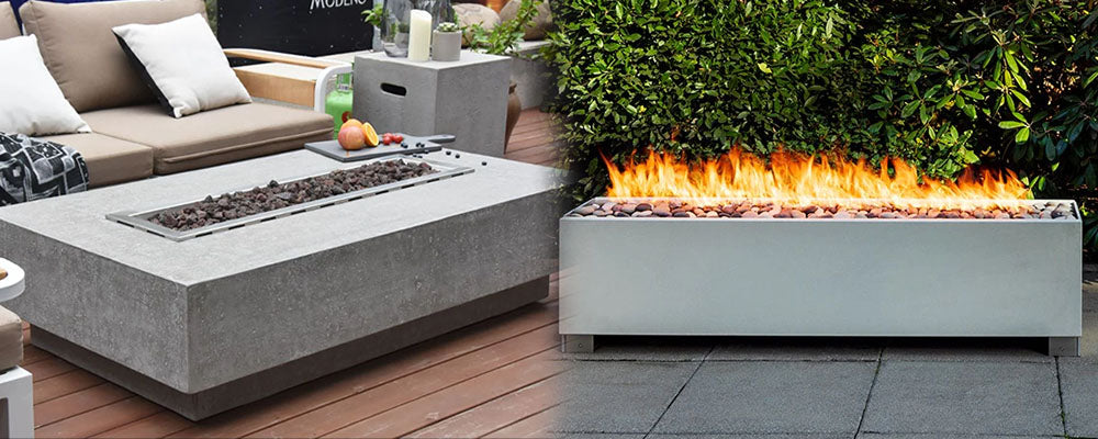 a side by side image of the Elementi Hampton Fire Table and Solus Decor Linear Fire Pit