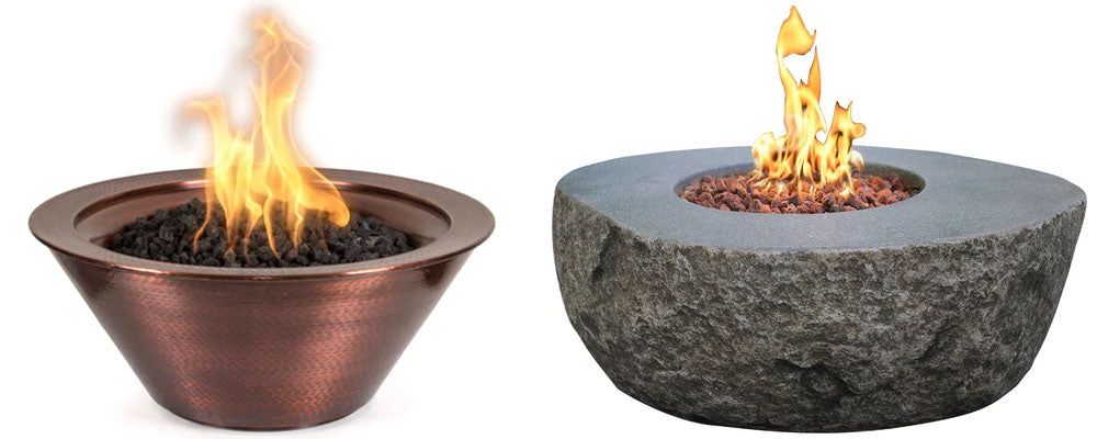 a side by side image of the Outdoor Plus Round Cazo Hammered Copper Fire Bowl and Elementi Boulder Fire Table