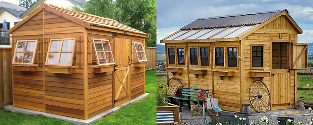 a side by side image of the cedarshed beach house shed kit and the outdoor living today sunshed garden shed