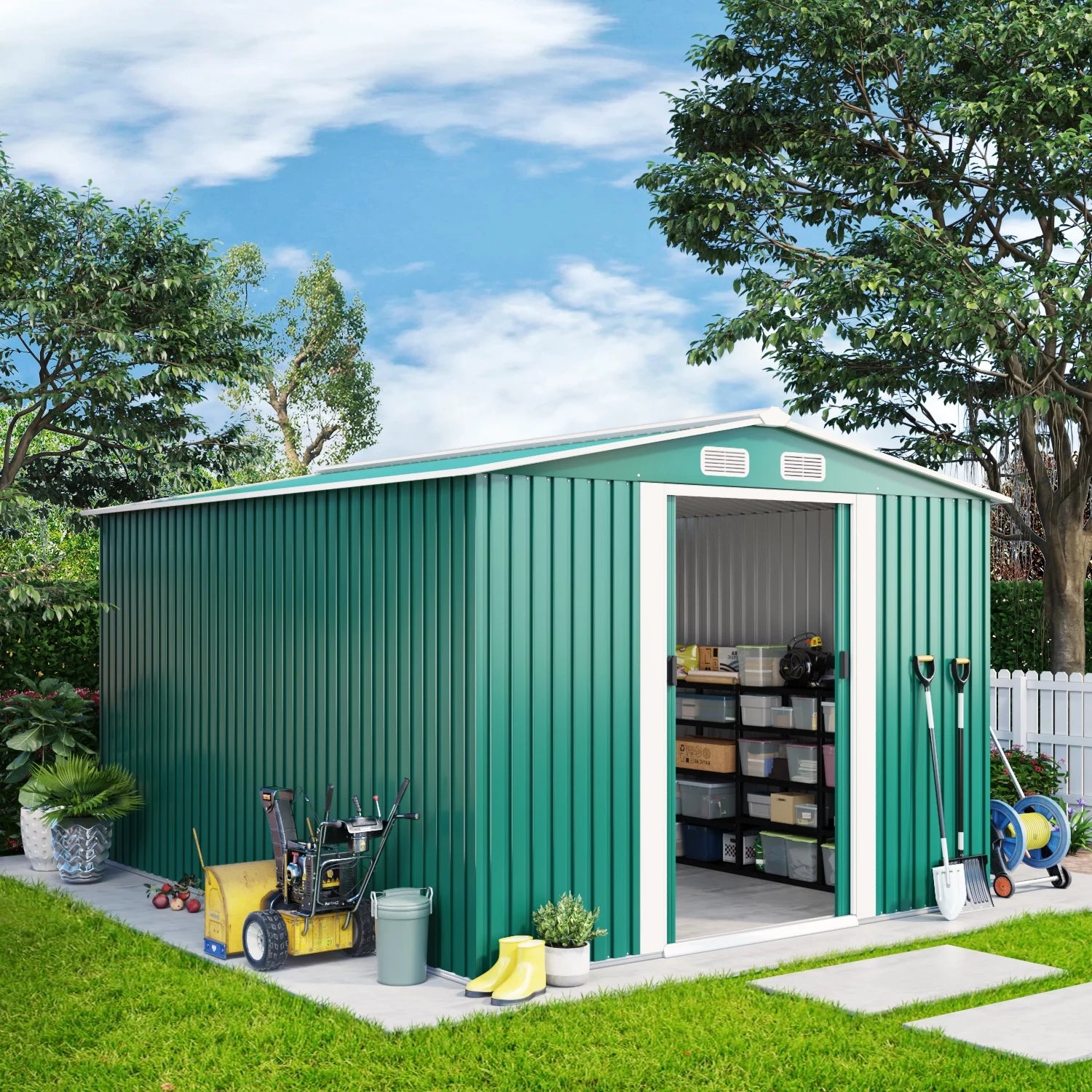 an 8x10 ft metal outdoor storage shed with shelves inside and garden tools outside