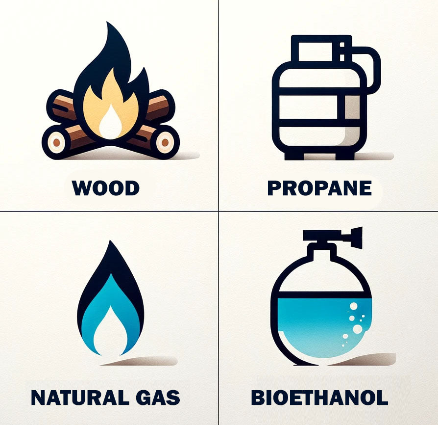 an illustration of different fire pit fuel sources such as wood propane natural gas and bioethanol