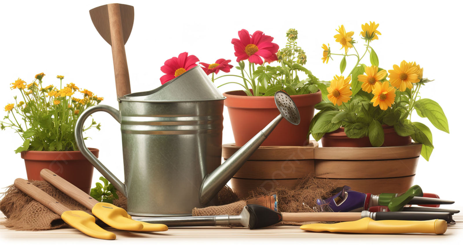 an image of gardening tools with potted plants