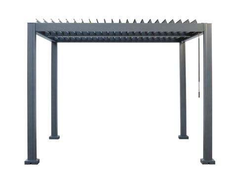 A Vikos Aluminum Stand Alone Pergola made of aluminum, featuring a minimalist design with a grey finish. The pergola has a louvered roof, which is adjustable to control sunlight and air flow, and a manual crank on one side.