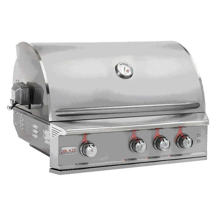 Blaze Grills Professional LUX 3-4 Burner Built-In Gas Grill with rear infrared burner, featuring a closed stainless steel hood and temperature gauge.
