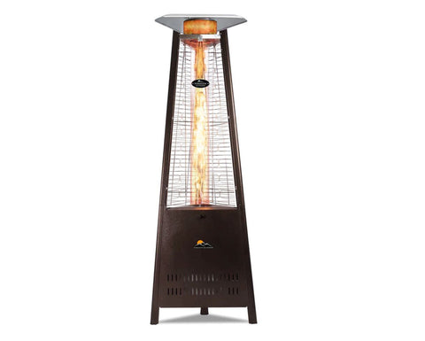 Paragon Outdoor Inferno Flame Tower Heater in bronze with visible flame and brand logo.