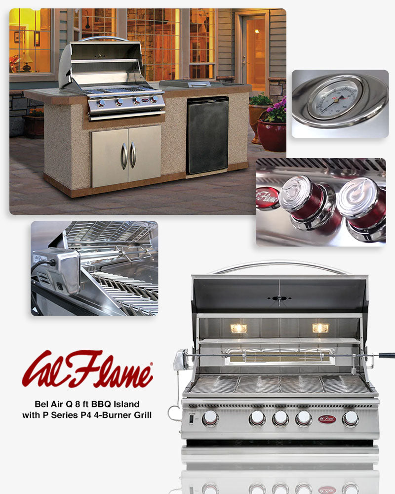 Cal Flame Bel Air Q 8 ft BBQ Island with P Series P4 4-Burner Grill on a patio, showing the grill, double doors, and built-in fridge. Close-up images highlight the thermometer, knobs, and cooking grates