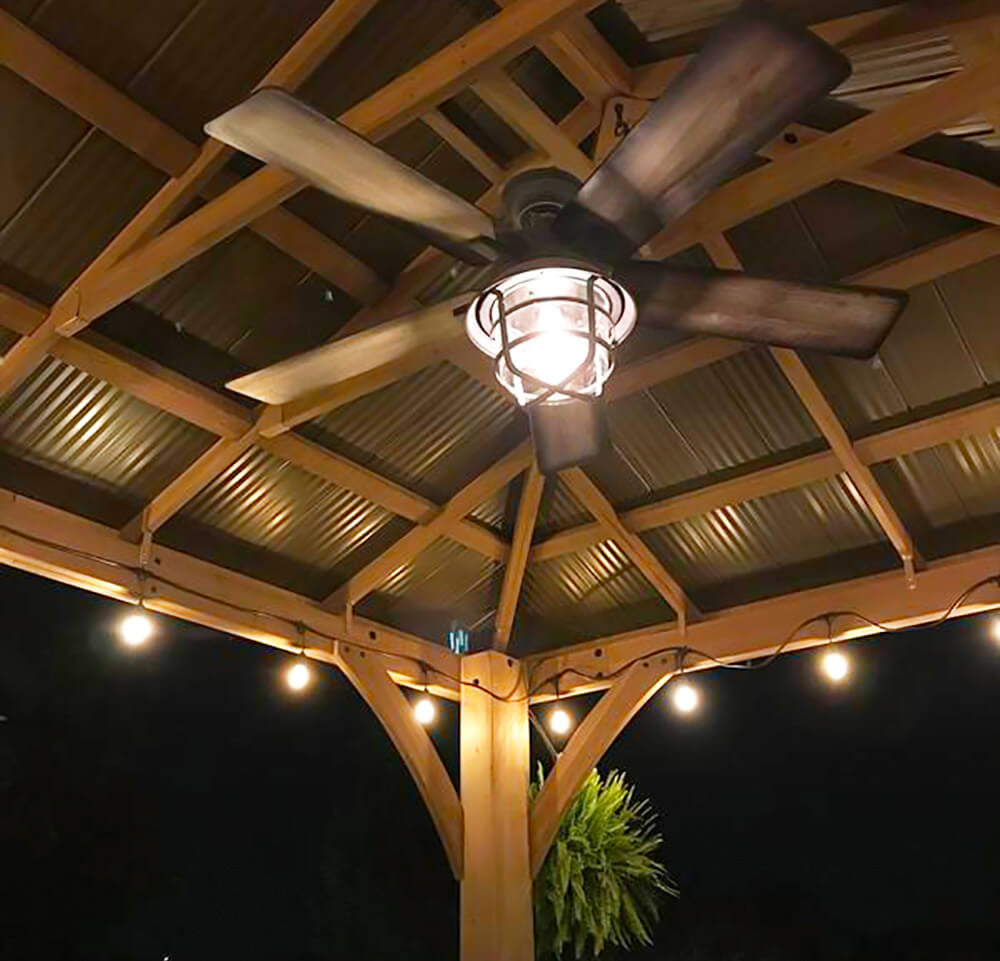 ceiling fan installed in a gazebo with light
