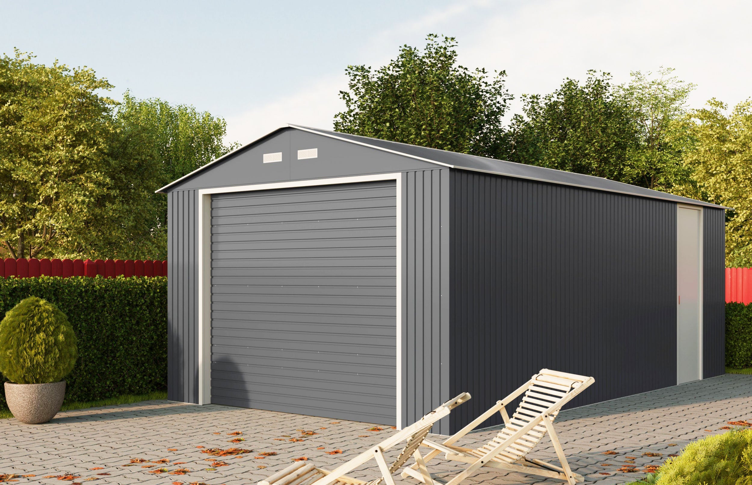 duramax imperial metal garage in dark gray with roll up door and side entry swing door on a patterned concrete floor
