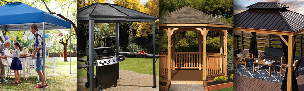 different types of gazebos - pop-up canopy, metal frame, wooden, hardtop