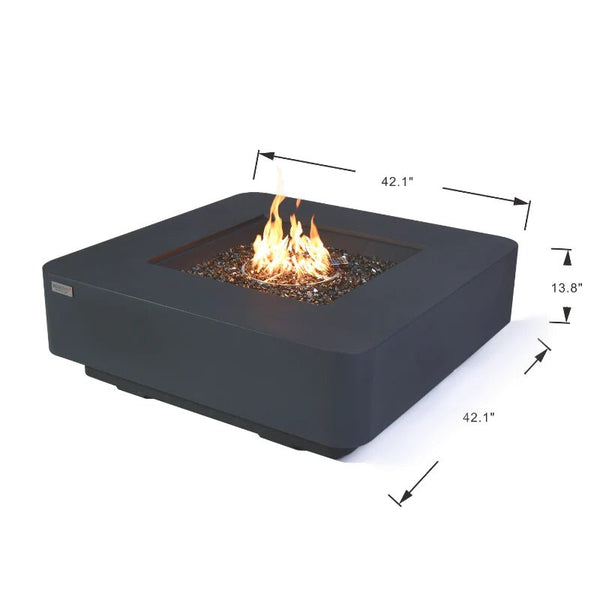 An Elementi Plus Bergamo Square Concrete Fire Pit Table OFG419DG with measurements.