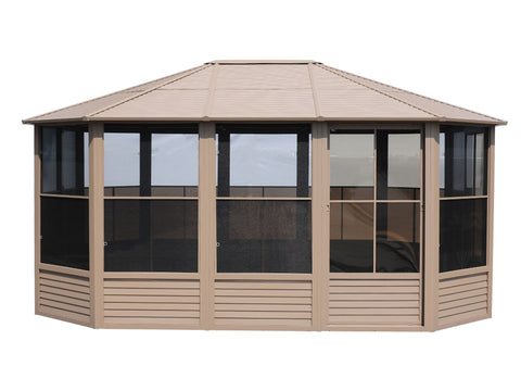 Full view of the 12x15 gazebo Freestanding Solarium with sand polycarbonate roof, displaying the entire structure set against a plain background.