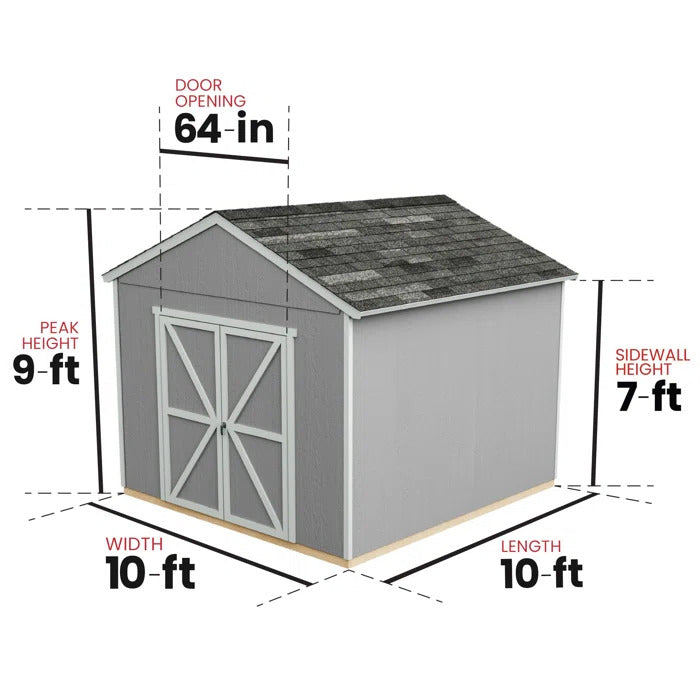 handy home rookwood shed 10x10 and 9x7 vertical height dimension chart  in white background