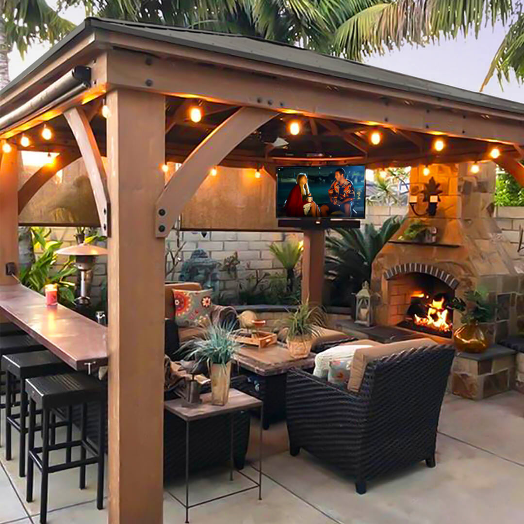 gazebo with string lights tv speaker fireplace and outdoor seating