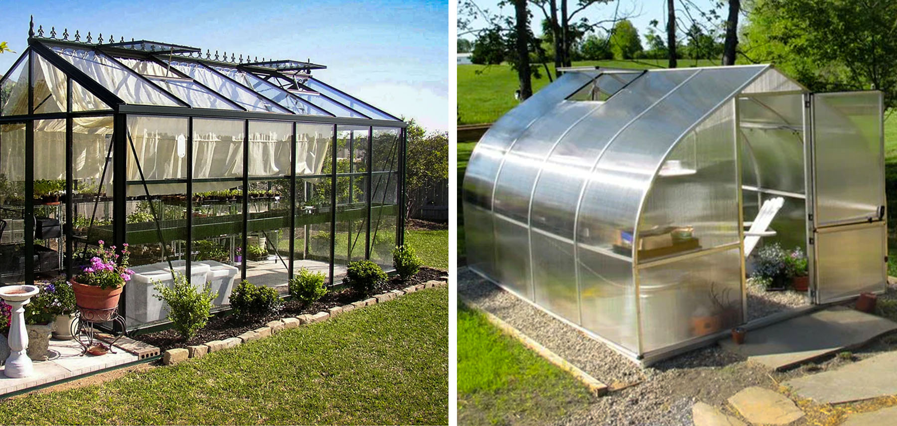 a side by side photo of a glass greenhouse and a polycarbonate greenhouse