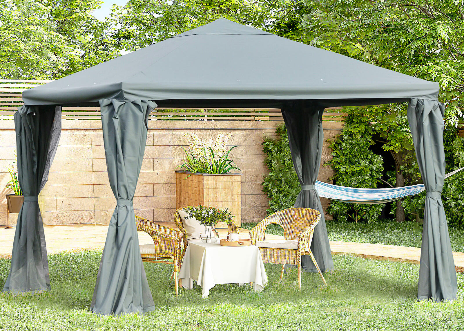 gray soft top gazebo canopy with outdoor seating