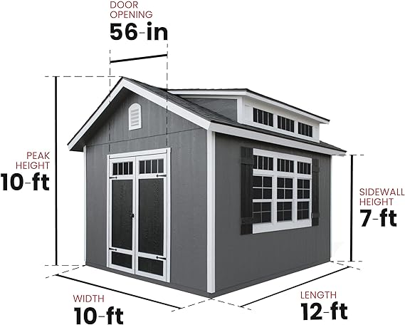 10x12, 10x7ft vertical height and 56inch door opening chart dimension of handy home windemere storage